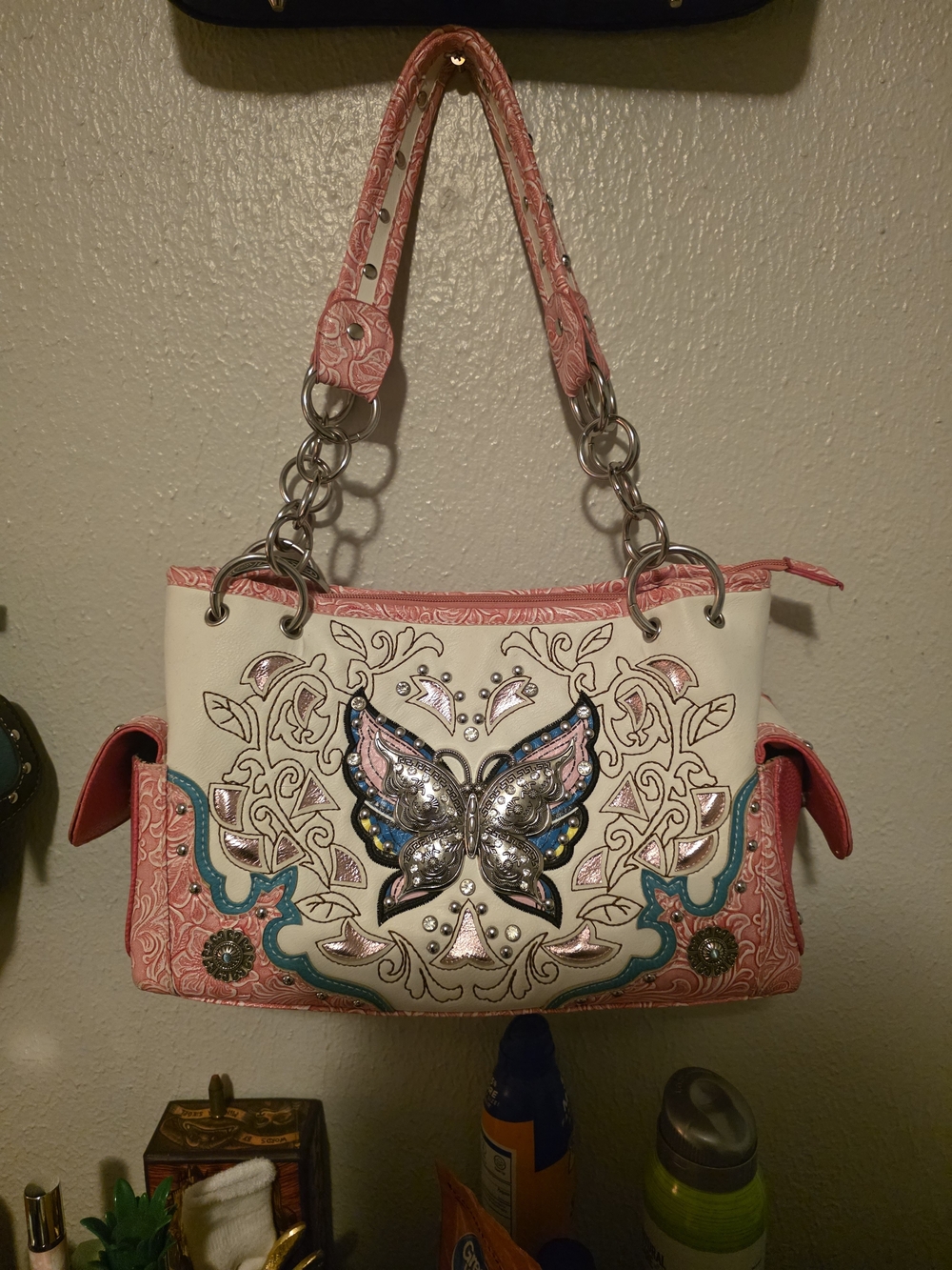 Pink and Cream Butterfly Embellished Women’s Shoulder Bag